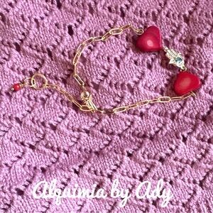 Coral rosary link chain hearts /Hamsa charm dainty silver bracelet/protection